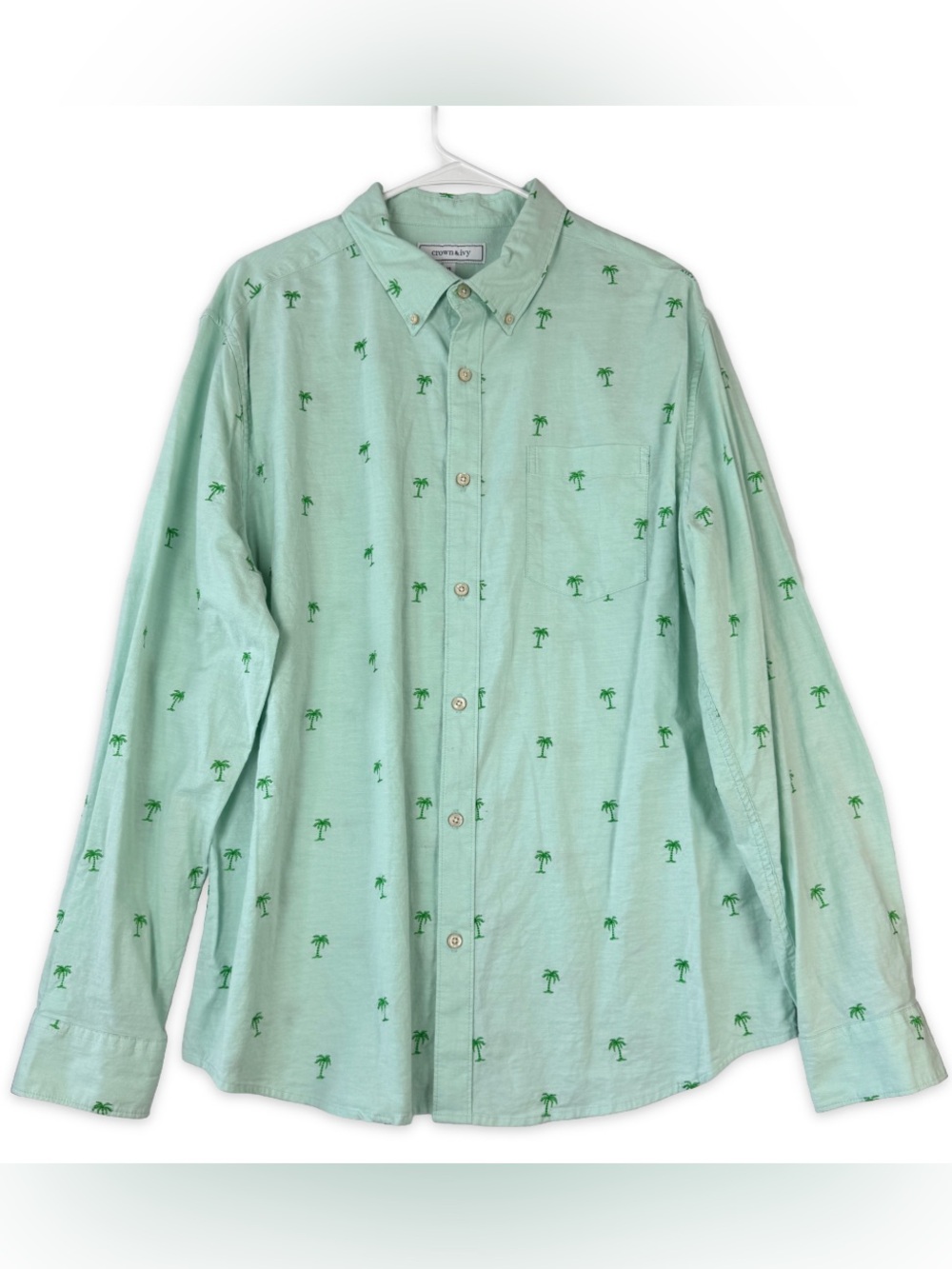 Crown Ivy Button Down Shirt Mens XL Mint Green Long Sleeve Embroidered Palm Tree